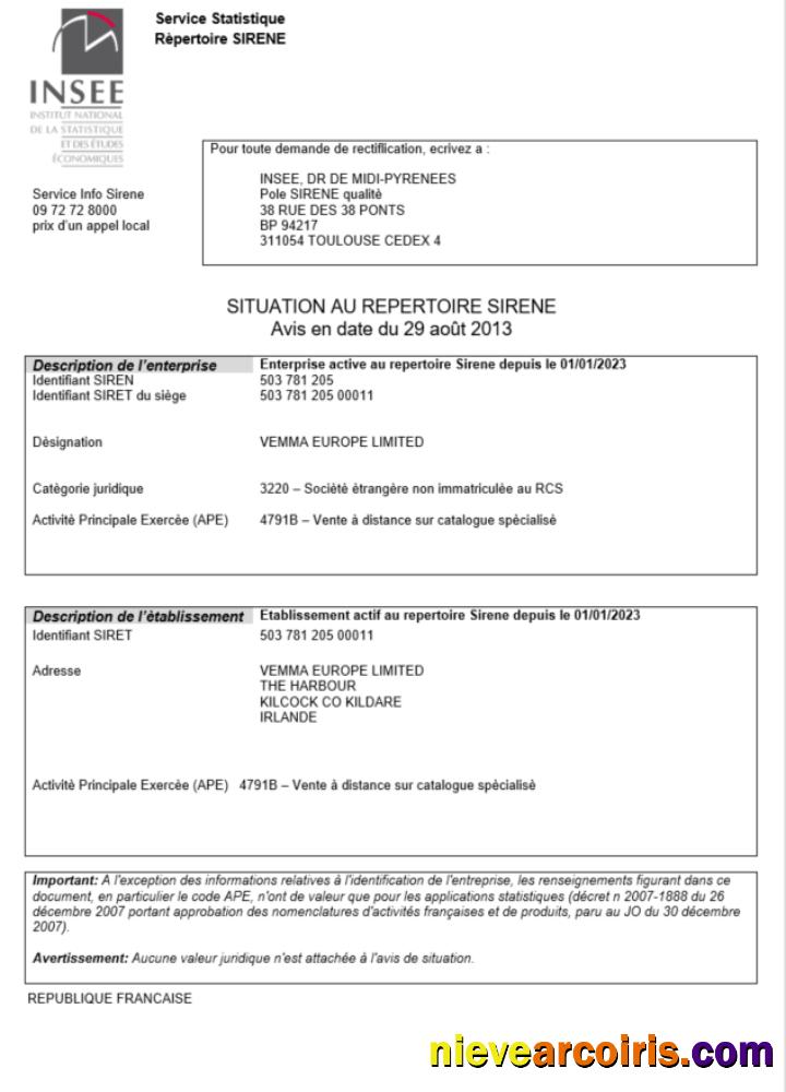 France INSEE registration certificate
